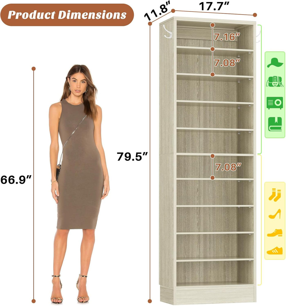 Aheaplus 10 Tiers Narrow Wood Shoe Rack,Tall Shoe Storage Cabinet,White Oak