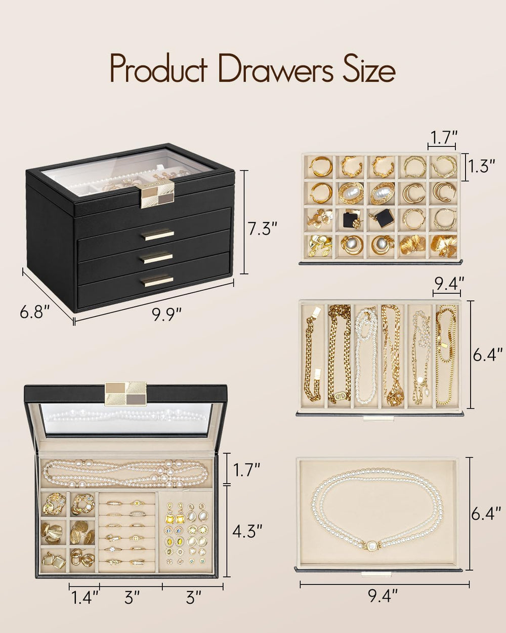 VLANDO Jewelry Box Organizer, 4-Layer Storage with Glass Window