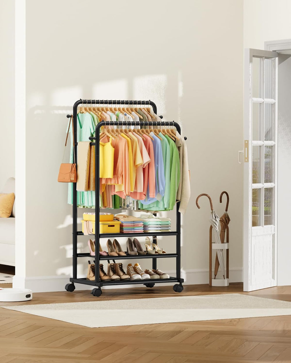 Sakugi Double Rod Clothes Rack with 3-Tier Shelves, 28.7"W x 17"D x...