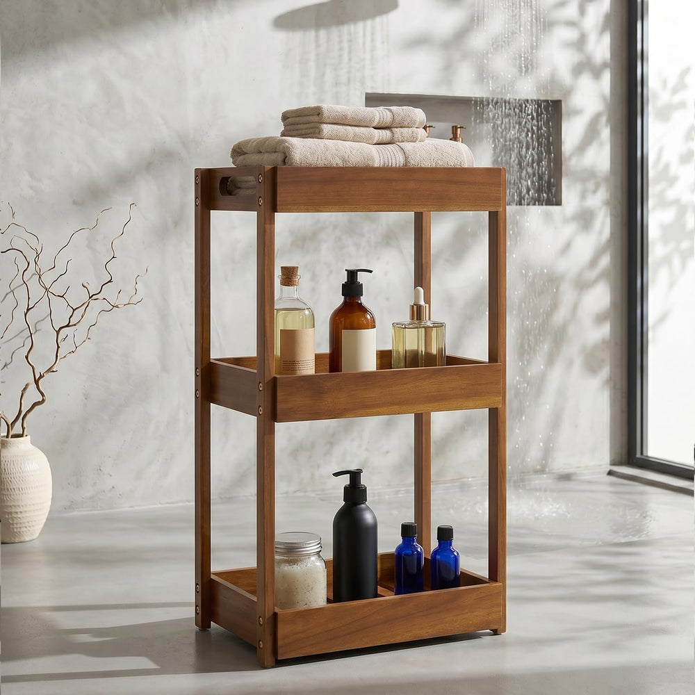 3-Tier Corner Standing Acacia Wood Shower Caddy Organizer