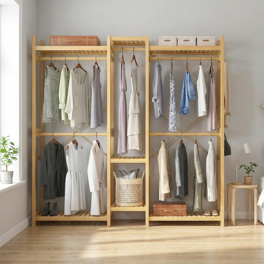 Homykic Bamboo Clothing Rack with Shelves, 70” Wide Closet System, 78.8”H