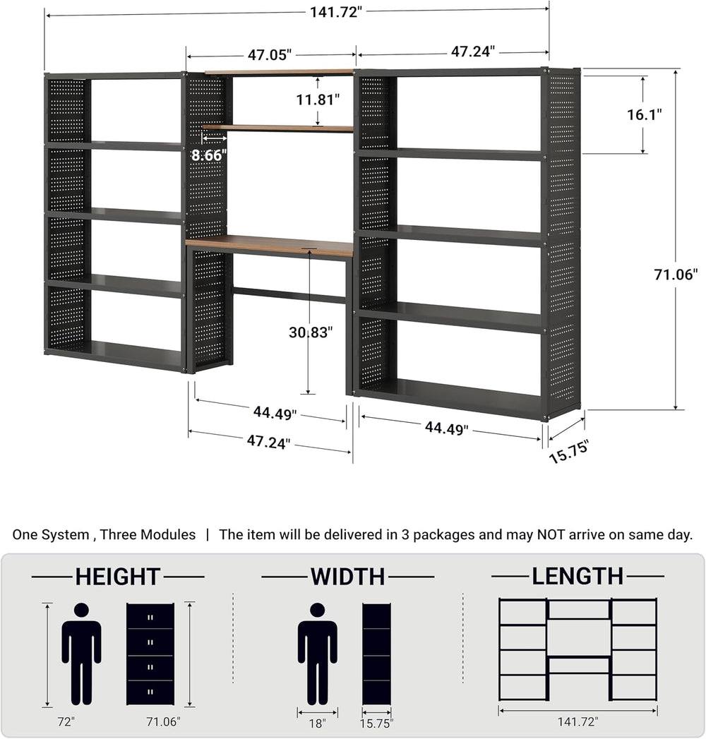FLEXIMOUNTS 142" Garage Storage System with Workbench & Pegboard, Black