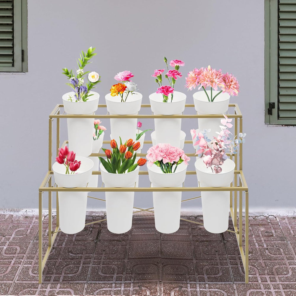 Flower Display Stand with 12pcs Buckets,3 Layers Moving Plant Stand Cart Shel...
