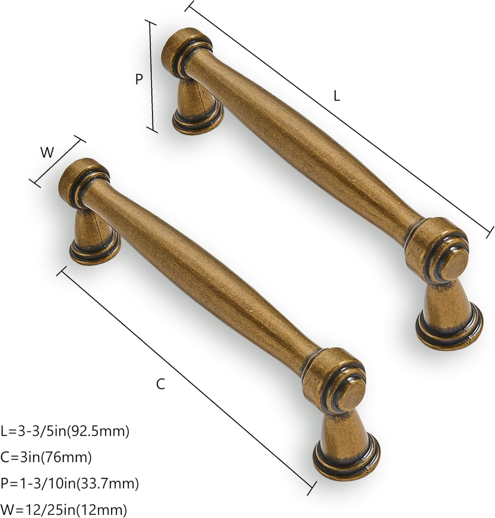 Solid Heavy-Duty 10 Pack 3 Inch Hole Center Vintage Antique Brass Cabinet pul...