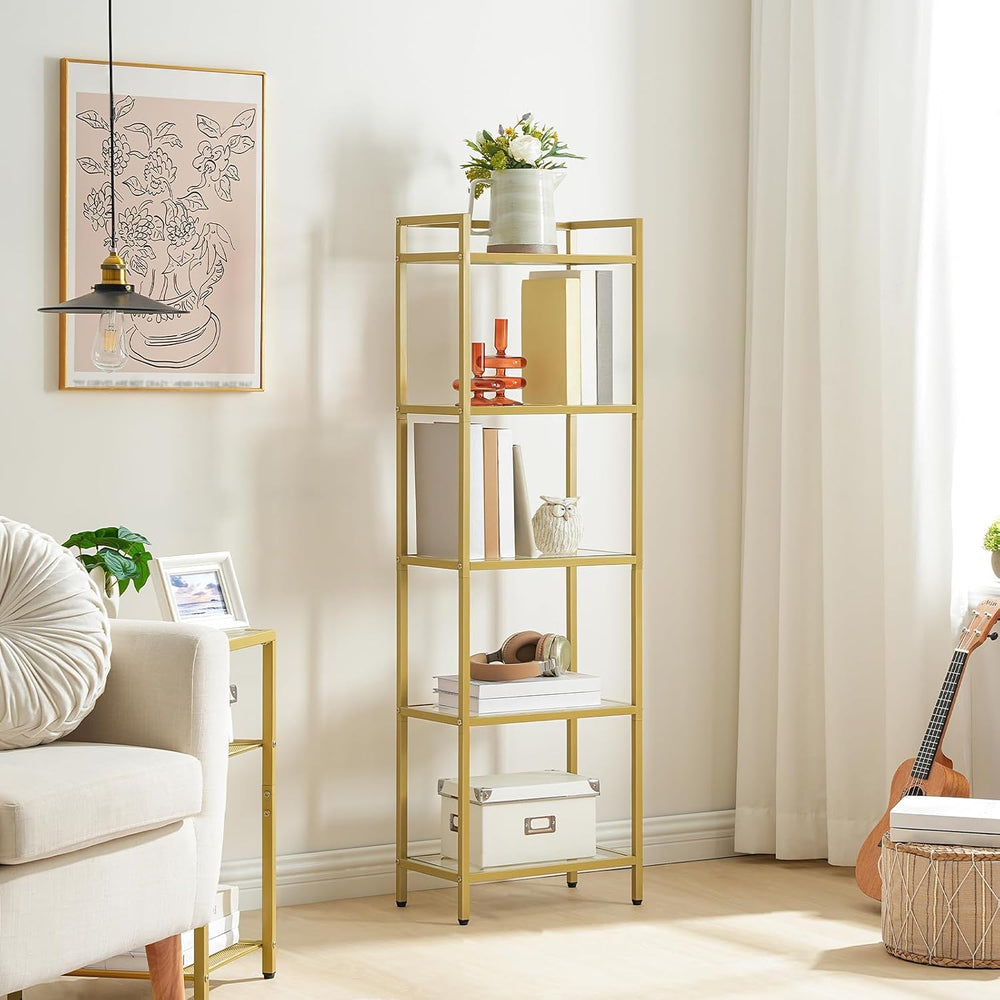 HOOBRO 5-Tier Gold Shelf, Narrow Book Shelf, Display Cabinet with Glass Bookc...