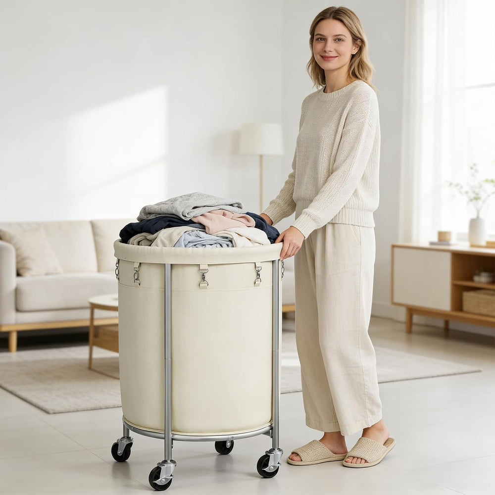 ELYKEN 190L Laundry Basket with Wheels, Steel Frame, Removable Bag, Cream