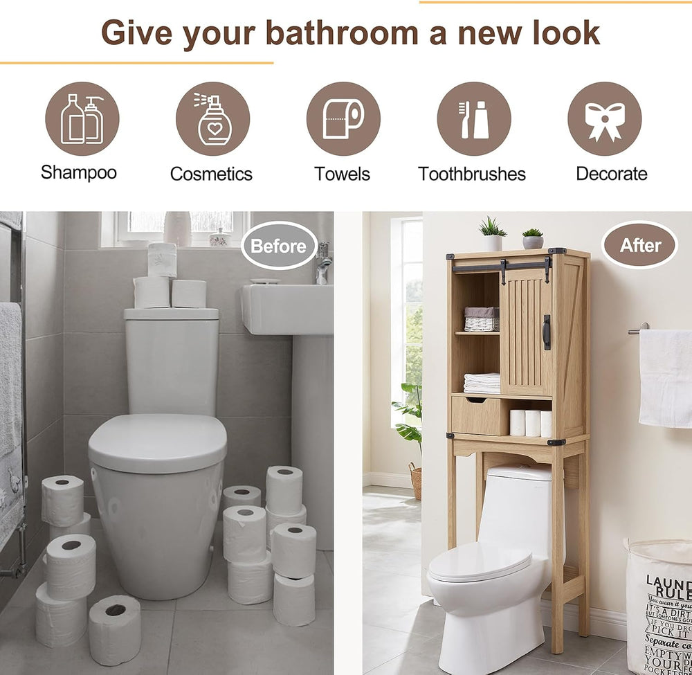 Wooden Over The Toilet Storage Cabinet with Sliding Barn Door