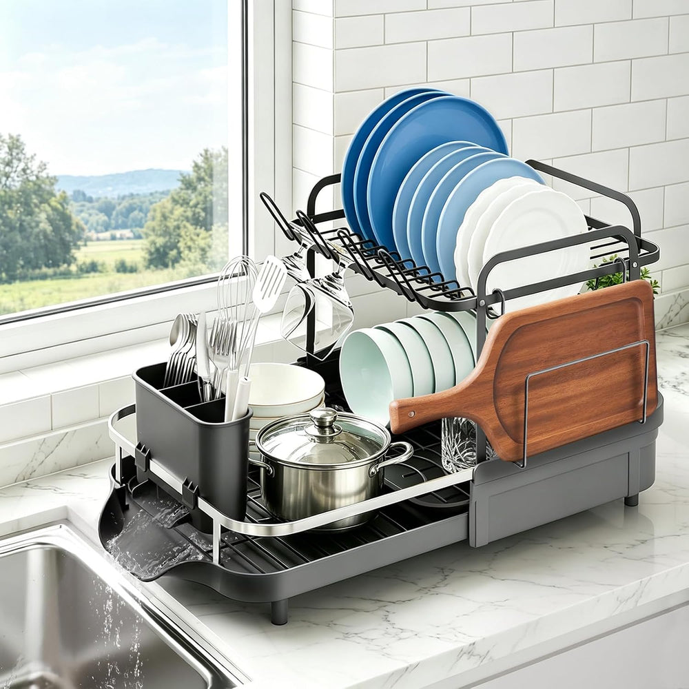 Expandable Stainless Steel 2-Tier Large Capacity Dish Drying Rack, Auto Drain...