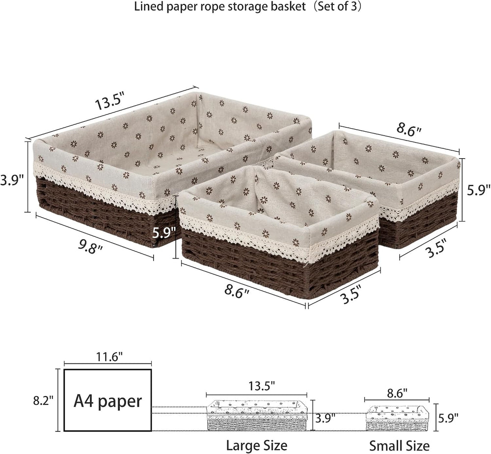 Set of 3 Dark Brown Woven Storage Basket for Drawers & Shelves