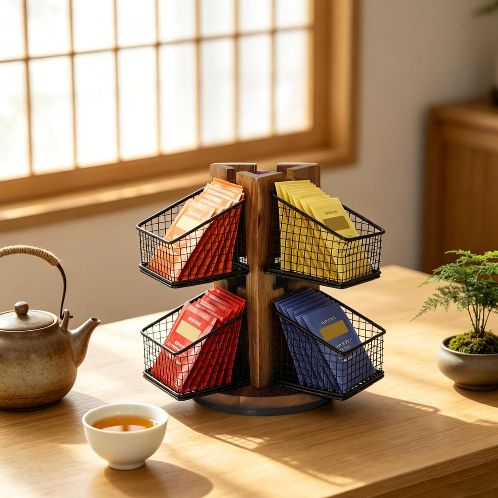 HTB Carousel Tea Bag Organizer for Counter with 6 Removable Tea Baskets