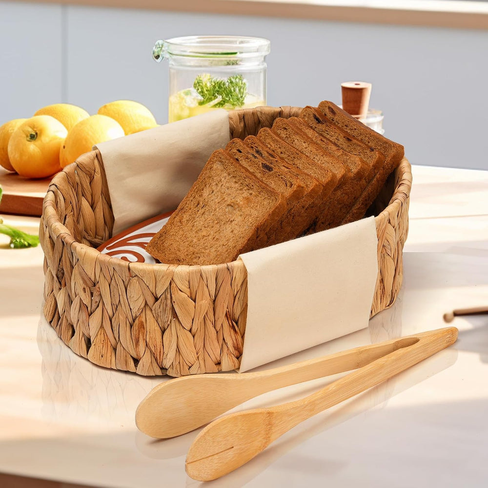 Bread Warmer Basket with Stone - Includes Linen Towel and Clips,Bread Baskets...