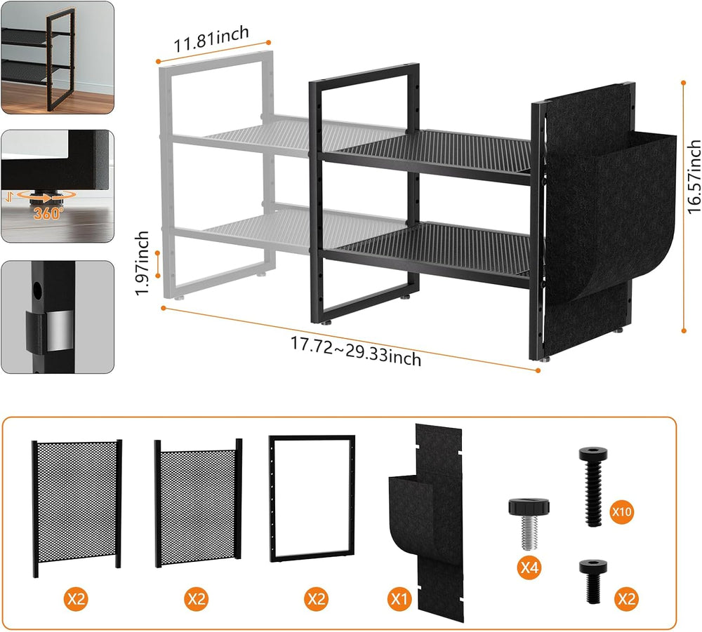 Shoe Rack with Side Pocket, Expandable 2-Tier Mesh Shoe Organizer for Closet,...