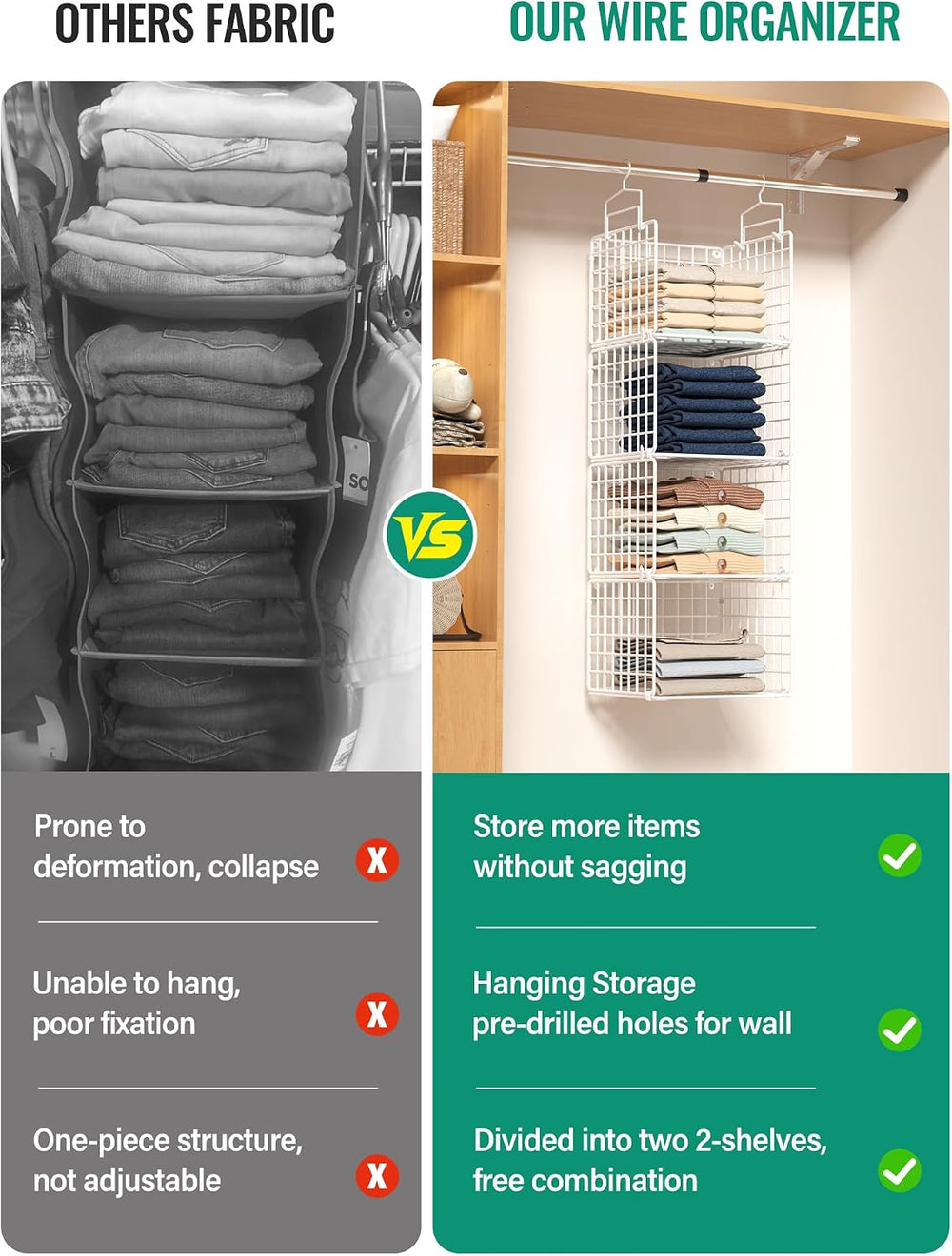 Hanging Closet Organizer, 4 Tier Metal Closet Organizers and Storage with 4 H...