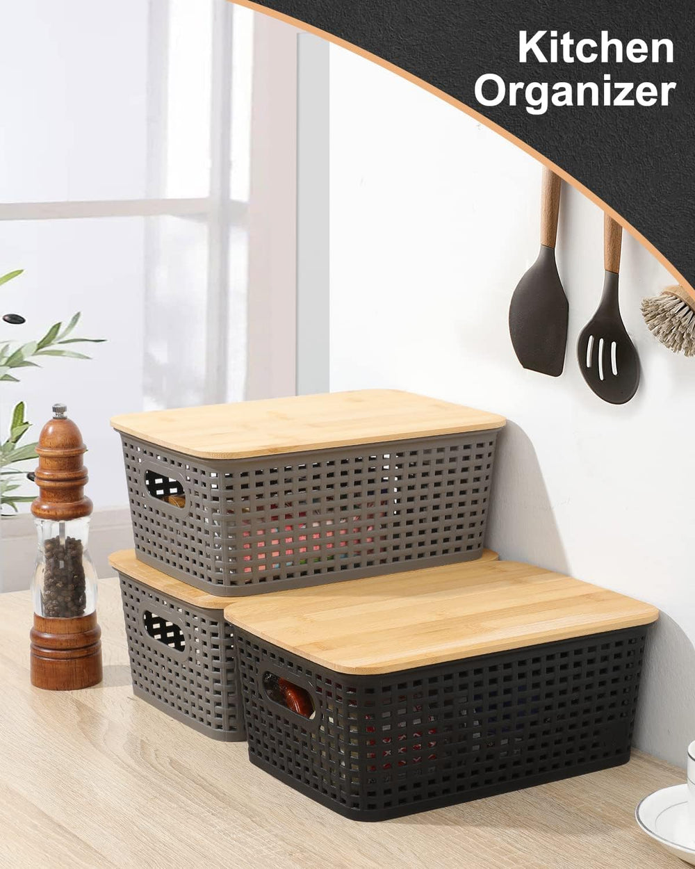 AREYZIN Storage Bins with Bamboo Lids Set of 6 Lidded Storage Container Plast...