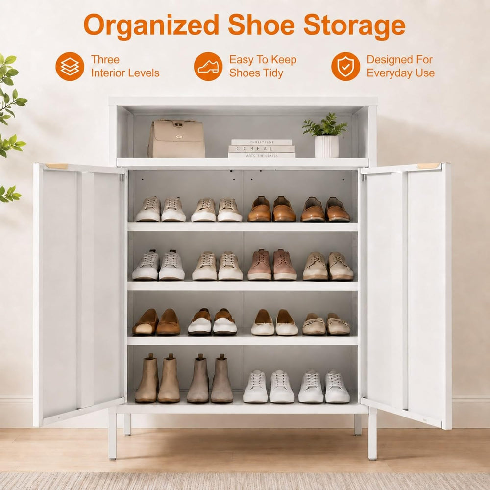 VINGLI Metal Shoe Cabinet, White Entryway Shoe Storage Cabinet with 2 Doors a...