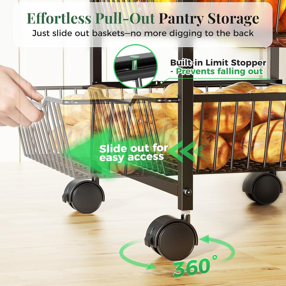 3-Tier Pull-Out Rolling Pantry Floor Organizer and Storage Cart with Wheels