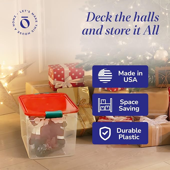 HOMZ 4-Pack Holiday Tote, Plastic Storage Organizer Bins