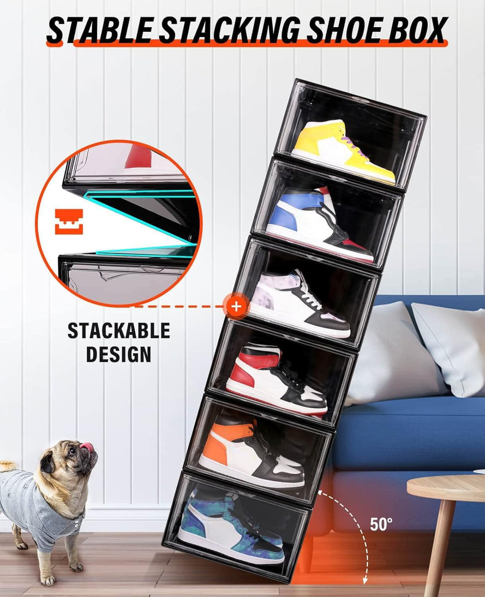 KDOR Shoe Boxes Black Plastic Stackable 10 Pack Sneaker Storage Boxes with Ma...