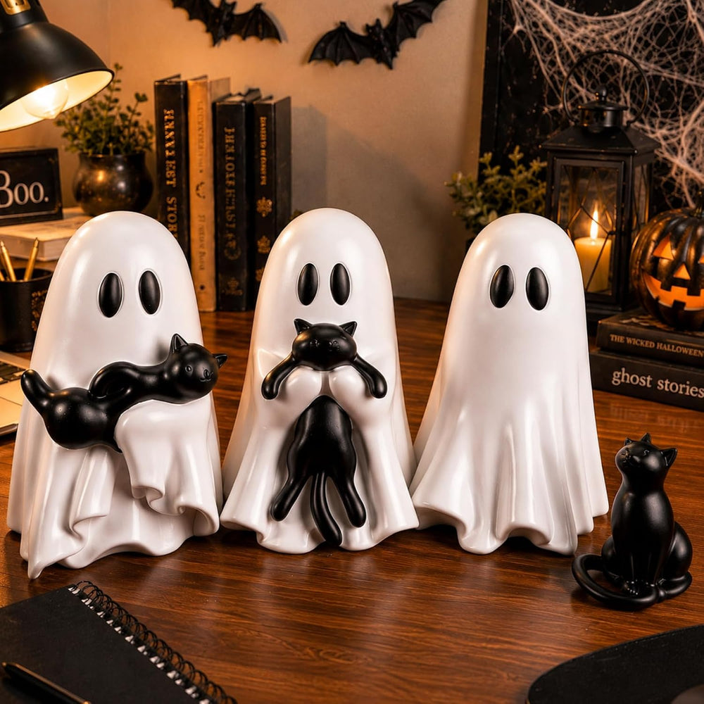 RattanView 4 Pcs Large Halloween Ghost Cat Table Decor, 6" Cute Figurines