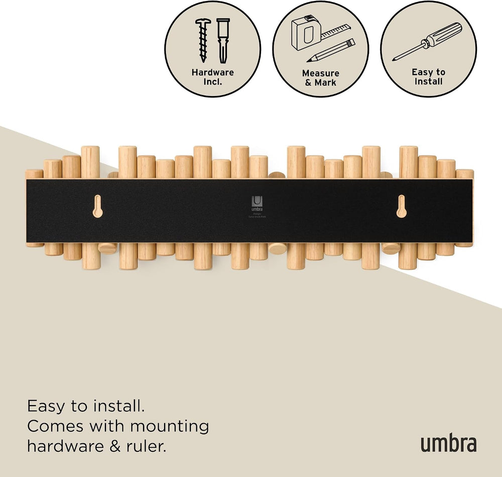 Umbra Picket Coat Rack with 8 Hooks – Natural Wall-Mounted Coat Rack with Fli...