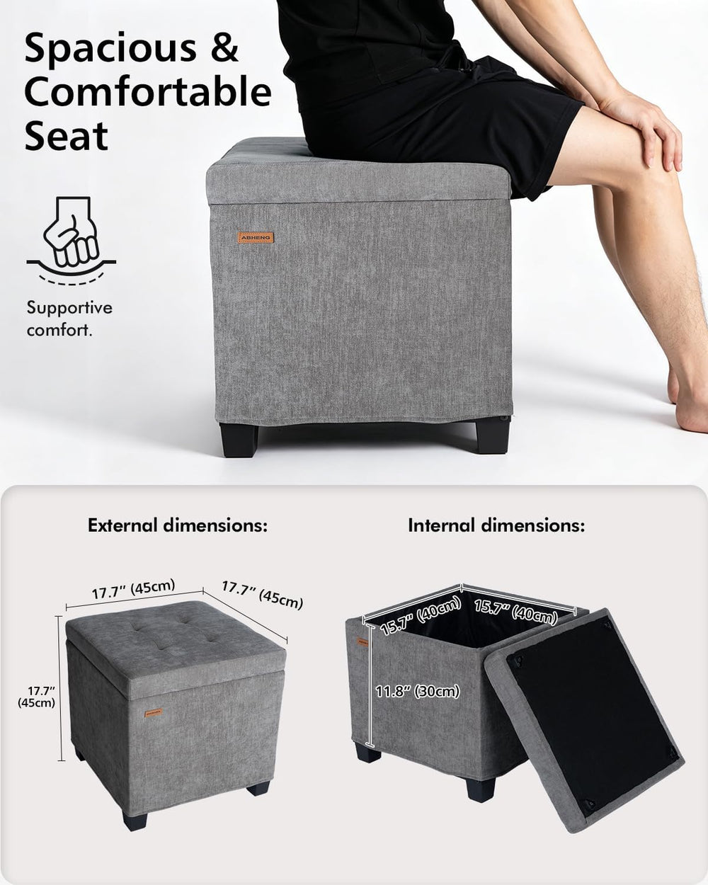 ABHENG Steel Frame Square Ottoman with Storage Gray UASND641G