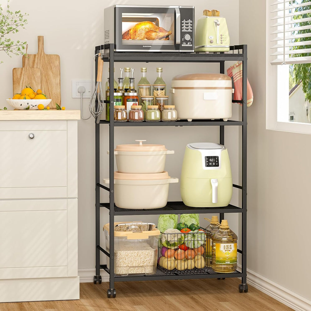4-Tier Rolling Microwave Cart, Kitchen Storage Cart with Wooden Tabletop