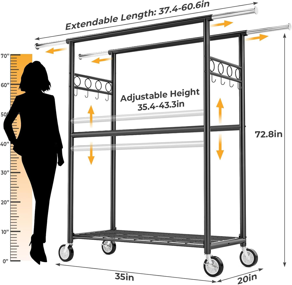 Heavy Duty Clothes Rack Load 1060LBS, Four Rods Rolling Clothing Racks for Ha...