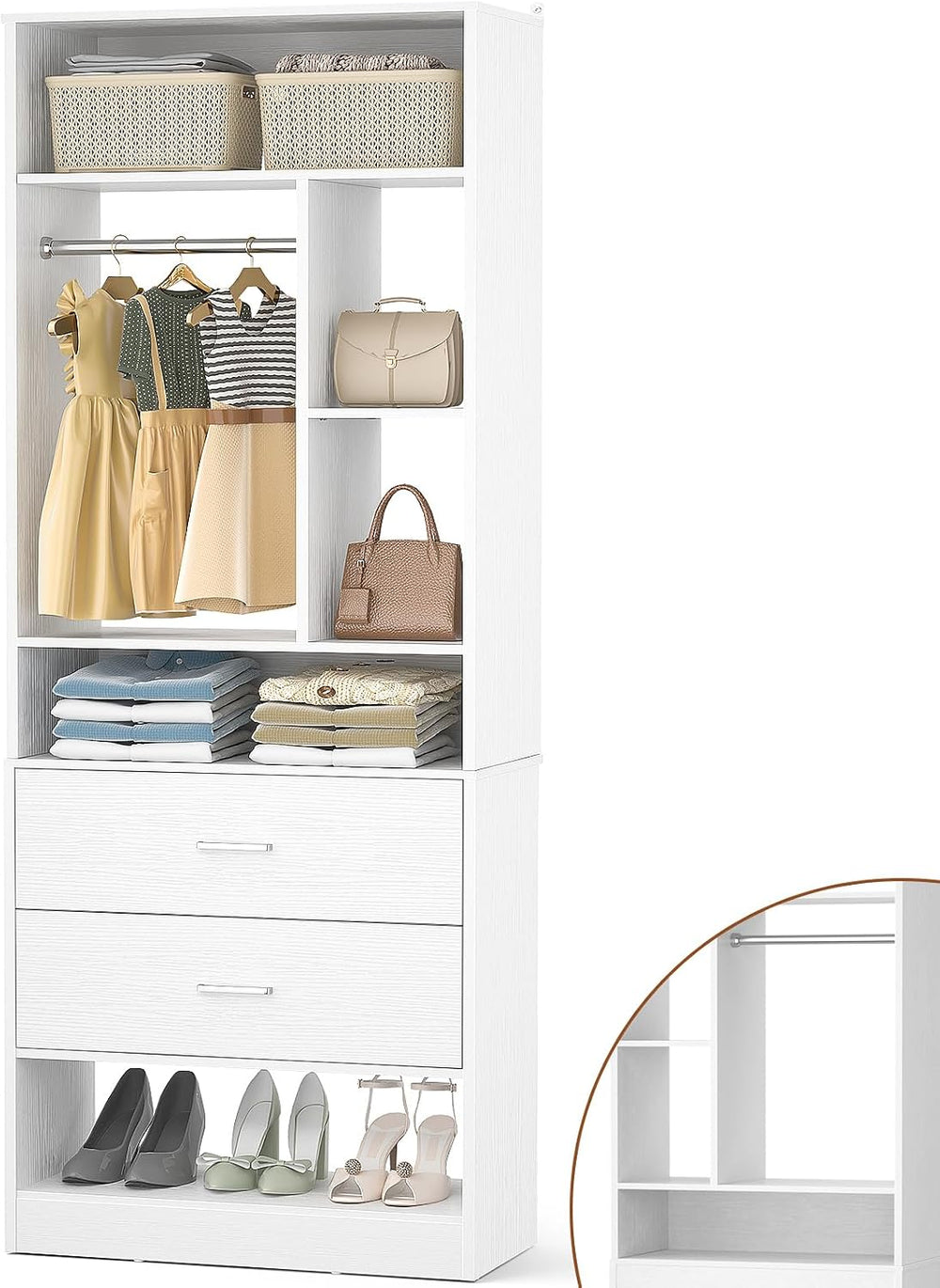 Besiost 2FT Small Closet System with 2 Drawers, Wooden Closet Organizer