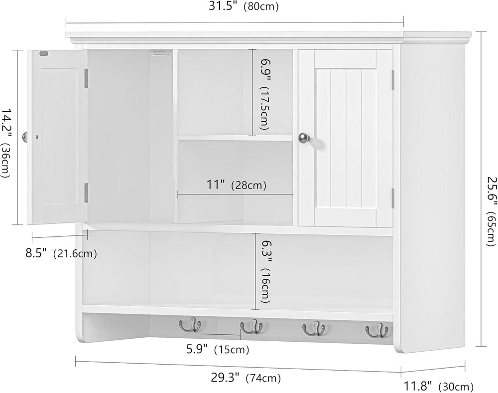 Keehusux 11.8"D x 31.5"W Bathroom Wall Cabinet with Doors and Hooks...
