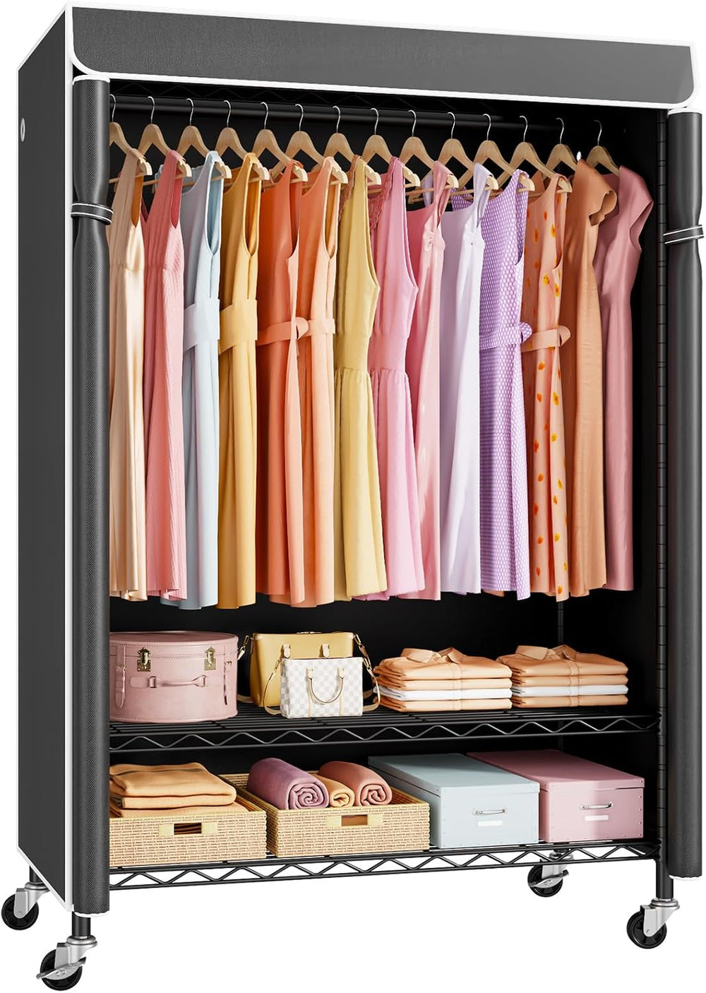 P6C Plus Rolling Clothes Rack with Cover, Covered Clothing Rack