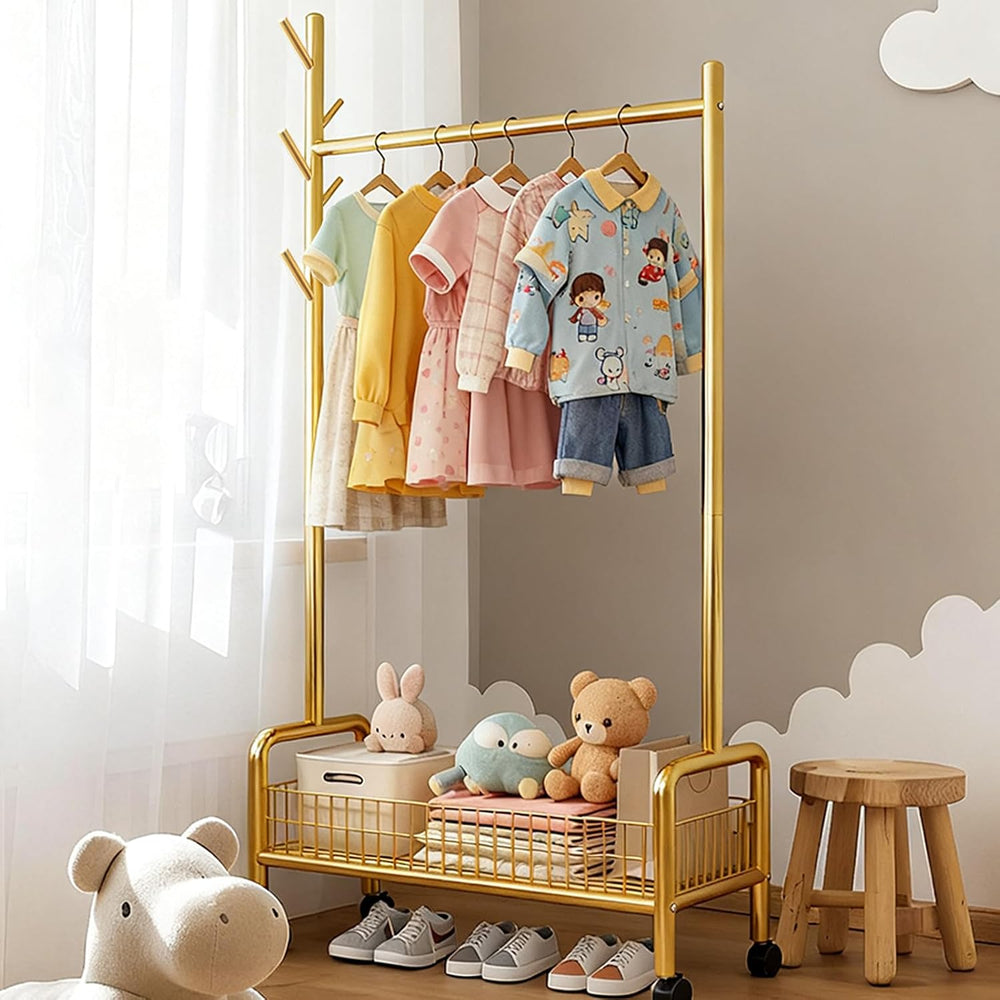 MYUPDALIN Rolling Metal Clothes Rack with Shelves & Storage Basket, Gold