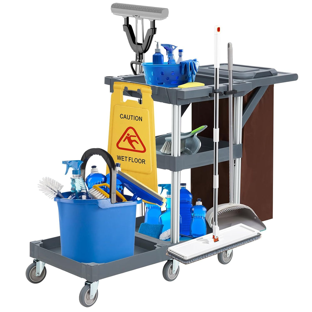 Commercial Janitorial Cleaning Cart on Wheels - Black Housekeeping Caddy with...