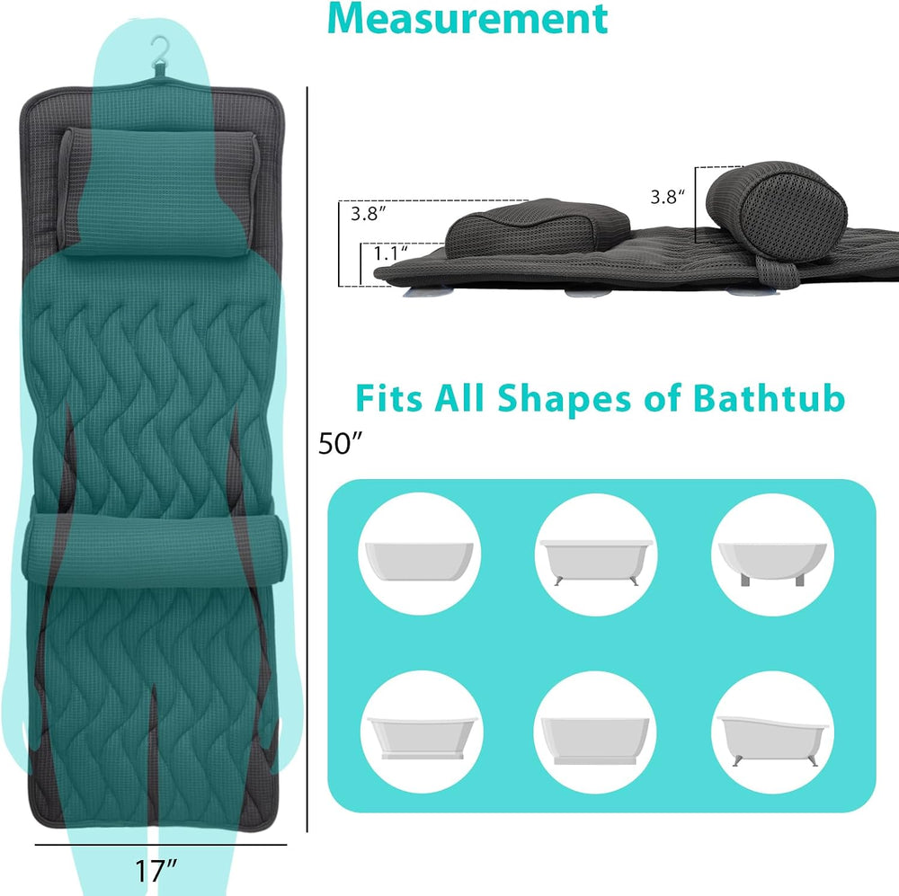 Full Body Bath Pillow Adjustable Lumbar Pillow 14 Suction Cups Gray