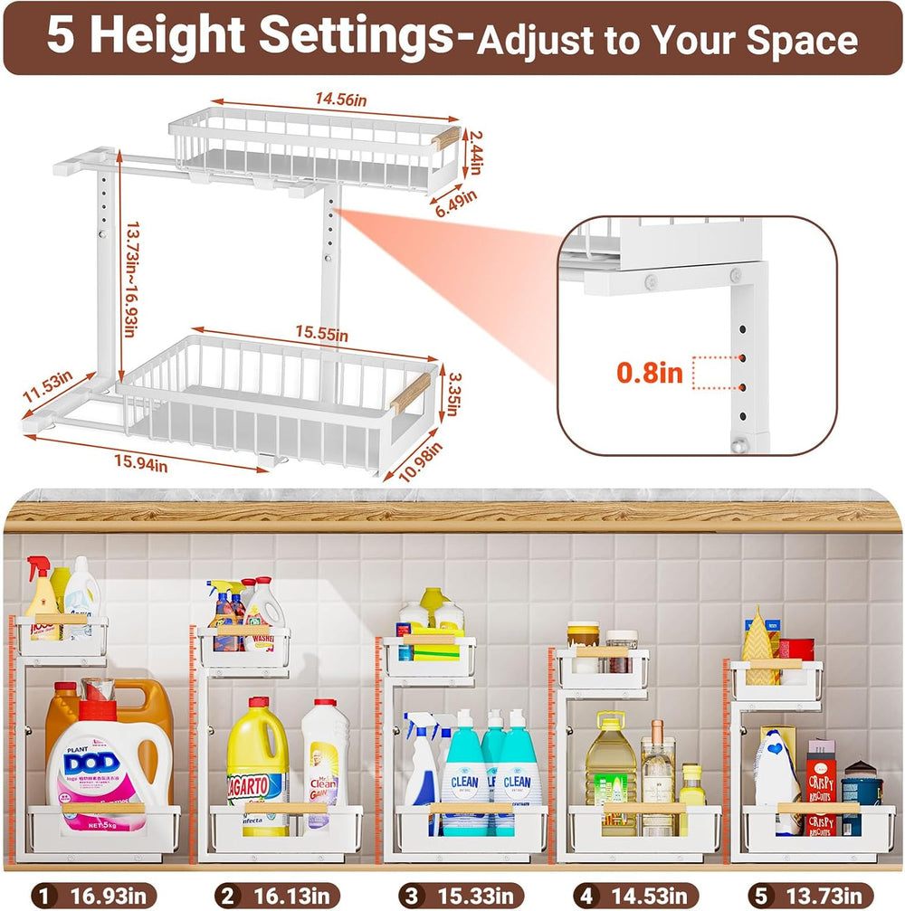 2 Pack Under Sink Organizer, 2 Tier Pull Out Cabinet Organizer with 5-Level A...