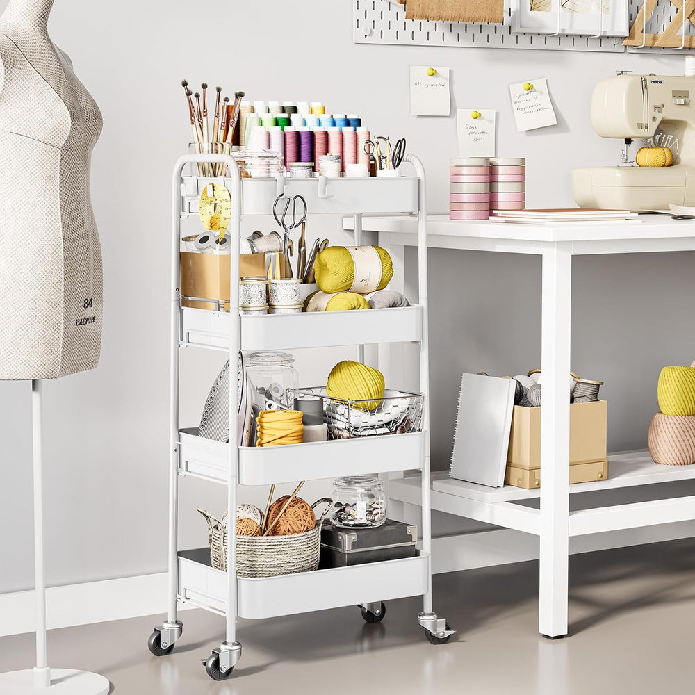 TOOLF 4 Tier Metal Rolling Cart, Utility Storage Cart with Wheels, White