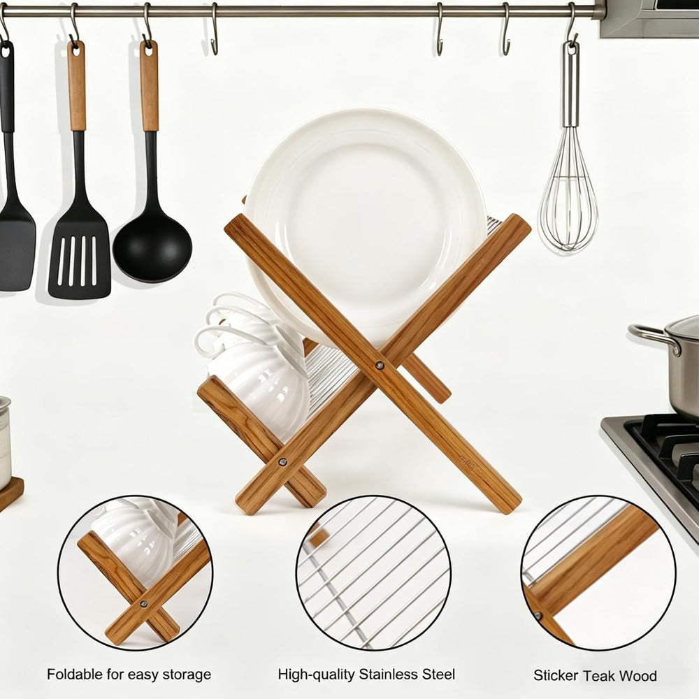 HTB Dish Drying Rack 2 Tier,Stainless Steel & Teak Wood Dish Drying Rack