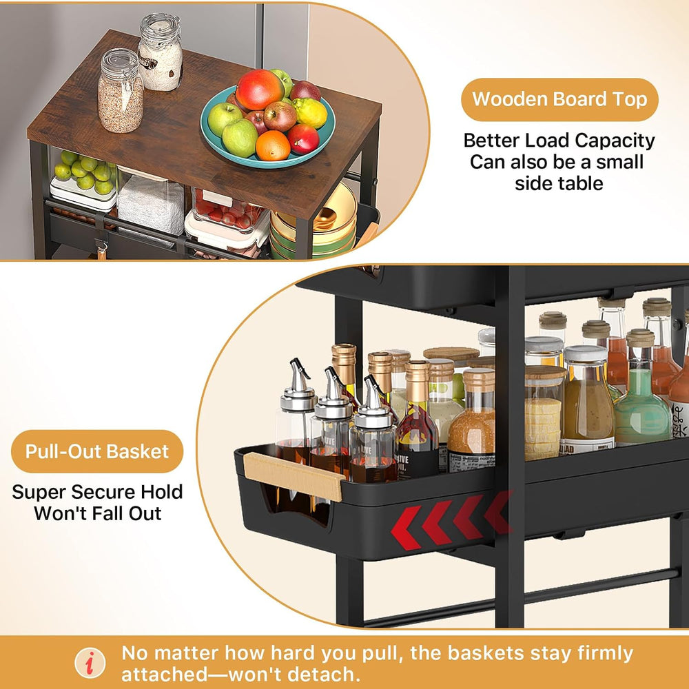 SUNALLY Slim Storage Cart with Wheels, Narrow Kitchen Rolling Cart, Black