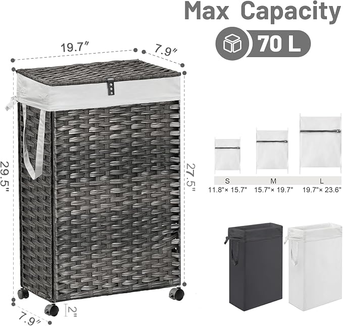 70L Slim Laundry Hamper with Lid & Wheels, 2-Park Rolling Laundry Basket ...