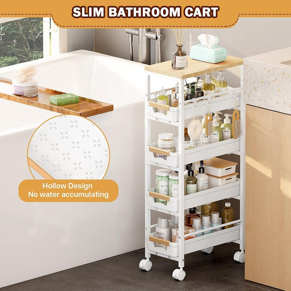 SUNALLY Slim Storage Cart with Wheels, Narrow Kitchen Rolling Cart, White