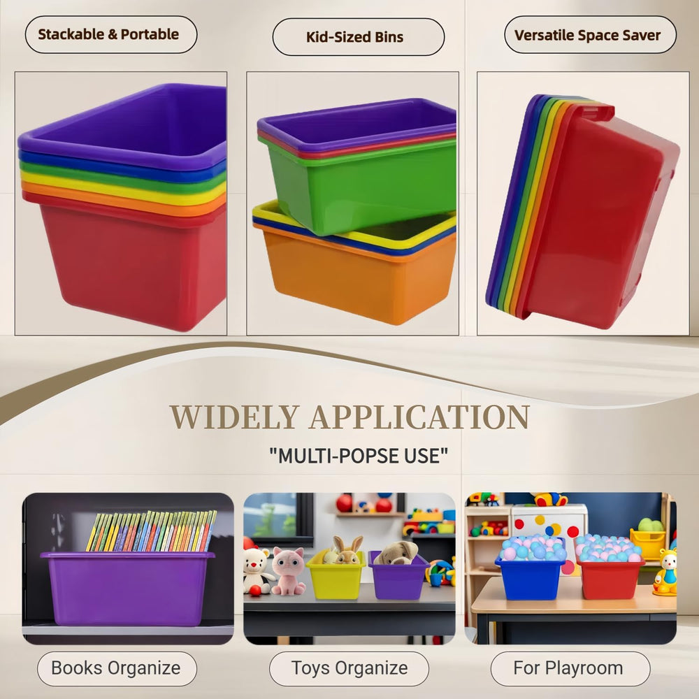 6 Pack Small Cubby Bins, Plastic Storage Containers for Classroom, Rainbow