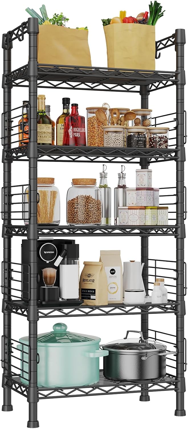Metal Storage Rack, Storage Organizer Shelves for Kitchen, Black
