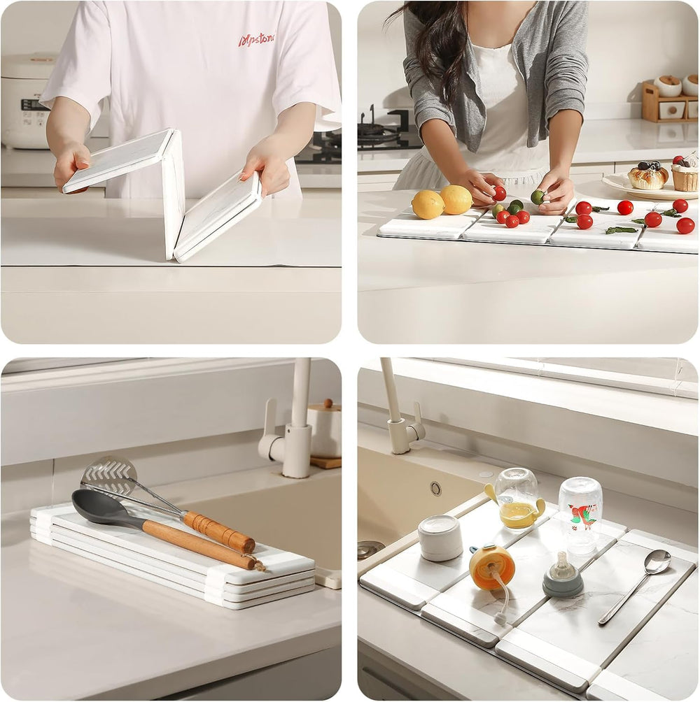 Foldable Stone Dish Drying Mat, 24.5 x 16 in, Ivory White Marble
