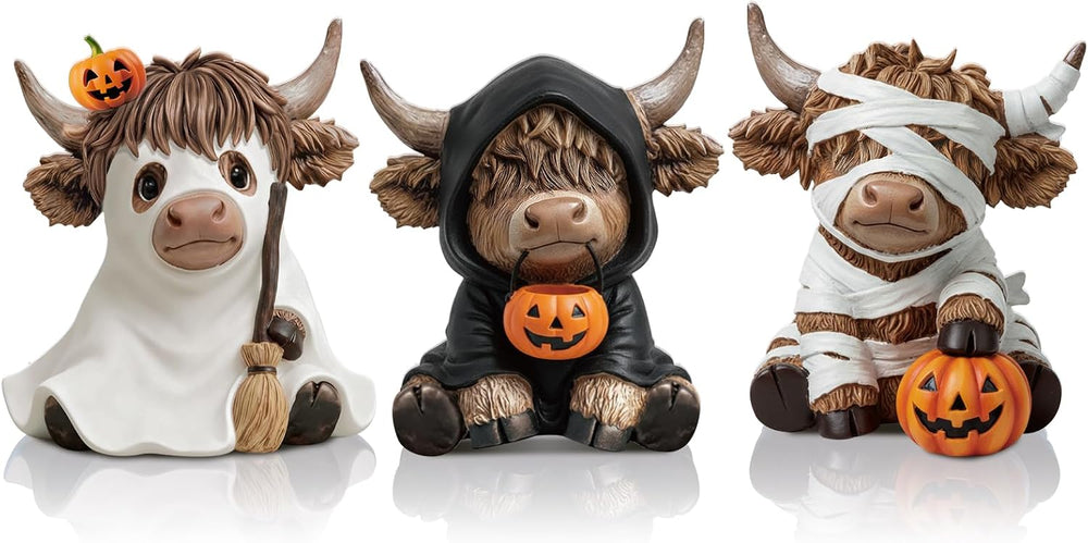 Karenhi 3 Pcs Halloween Highland Cow Figurines, Cute Spooky Ghost Decor