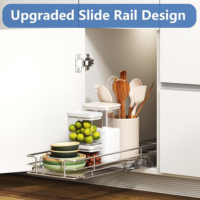 ROOMTEC Pull Out Cabinet Organizer, Single Tier, Heavy Duty Slide Out Shelves