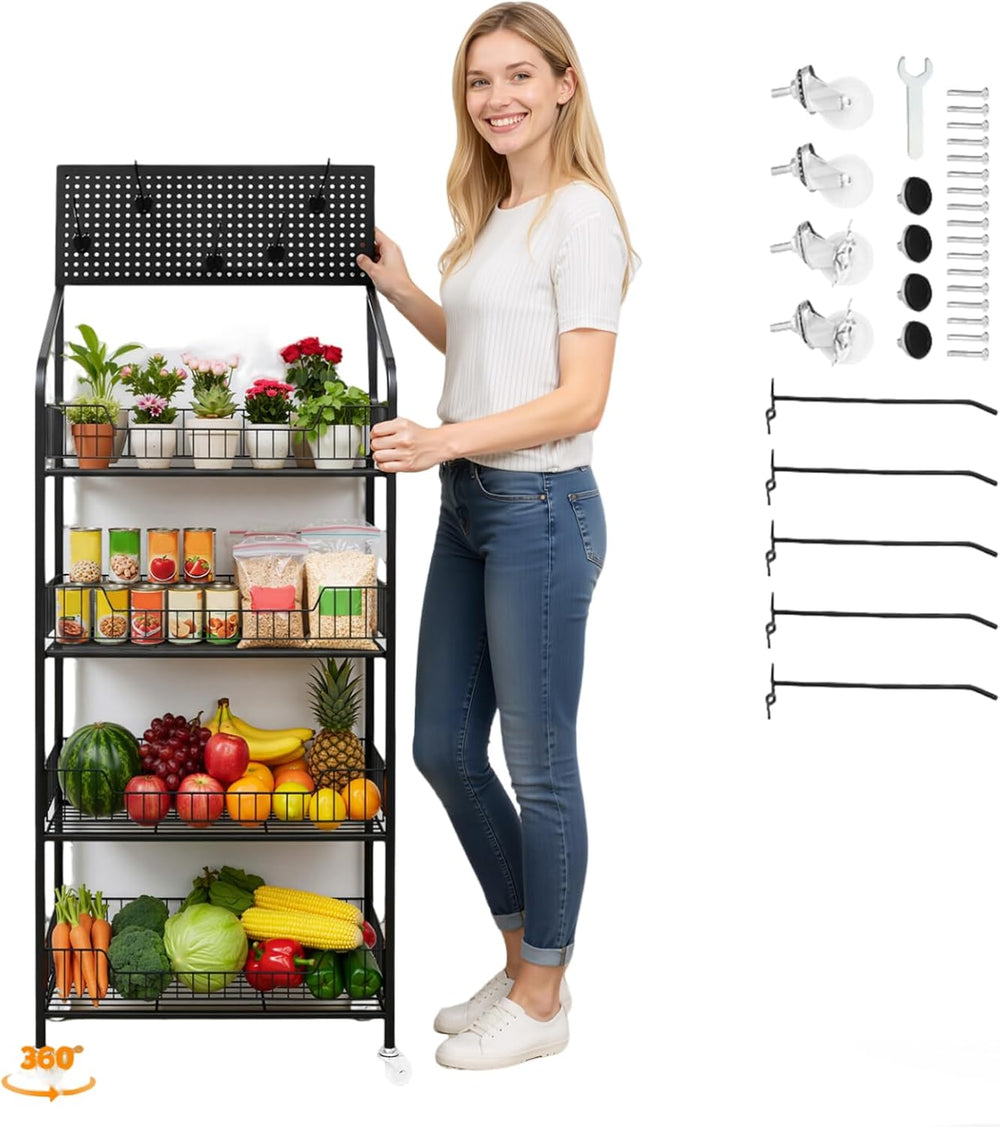 4 Tier Snack Rack Display Stand, Metal Retail Display Rack with Wheels and 5 ...