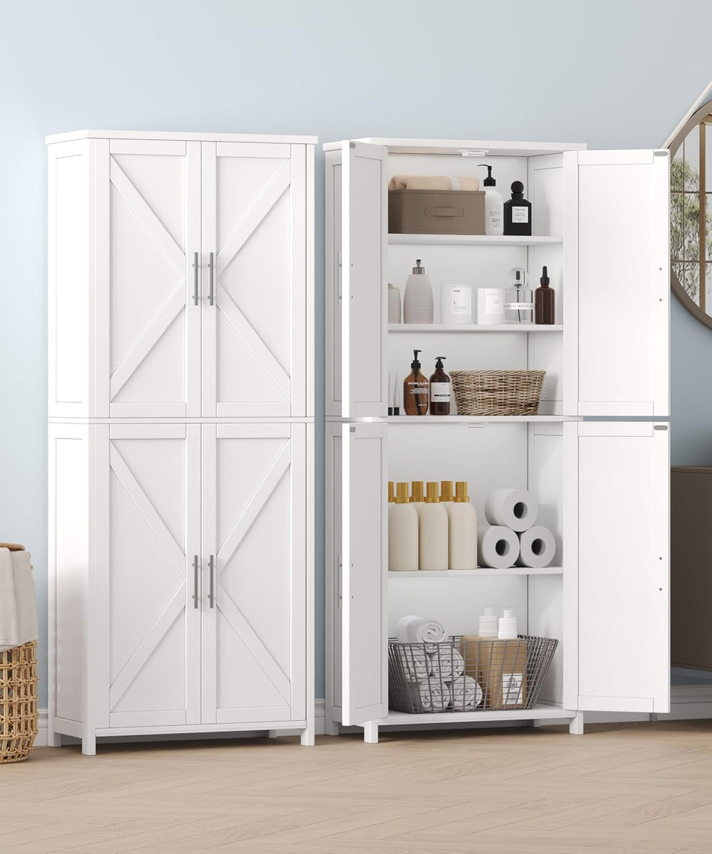 Akxomel 63''H Tall Farmhouse Bathroom Storage Cabinet with 4 Doors White