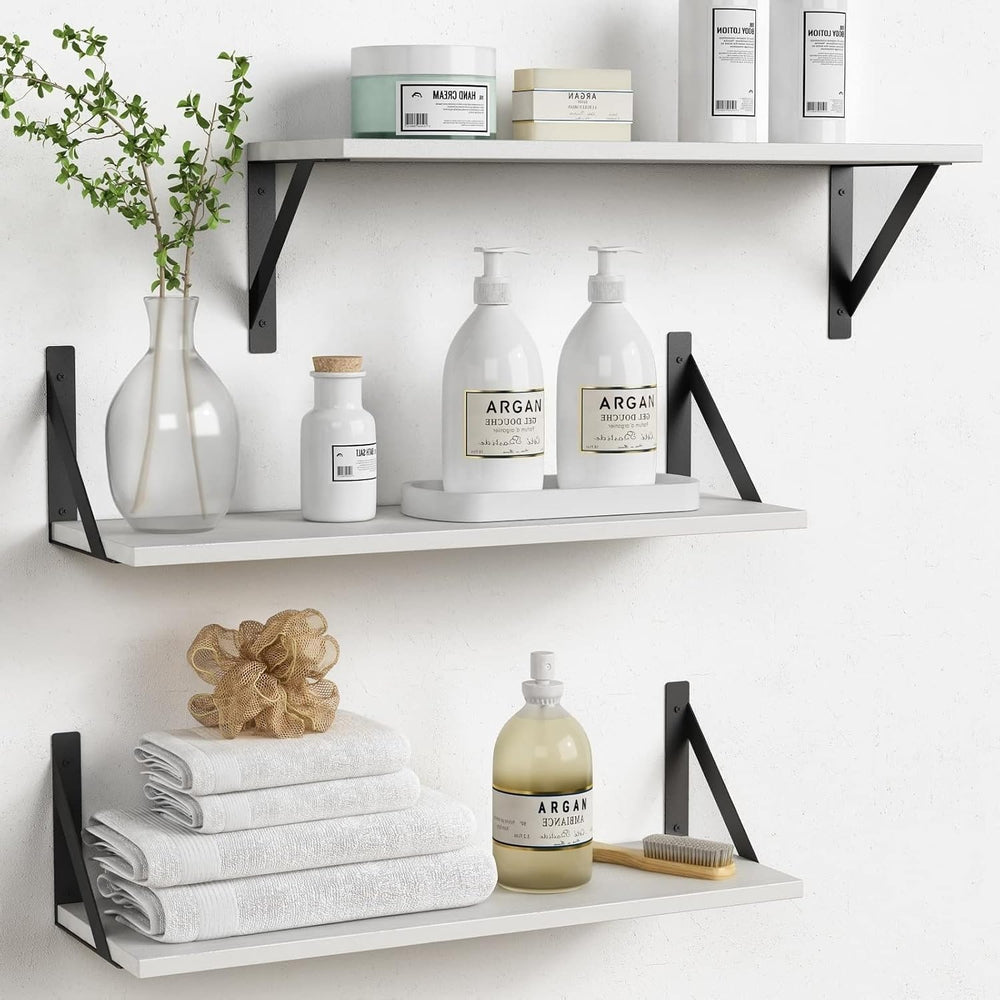 White Floating Shelves 24 inches Long Set of 3, 24 x 8 Inch Bathroom Wall She...