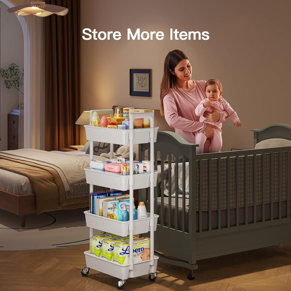 Pipishell 4 Tier Rolling Cart with Handle & Wheels for Storage, White