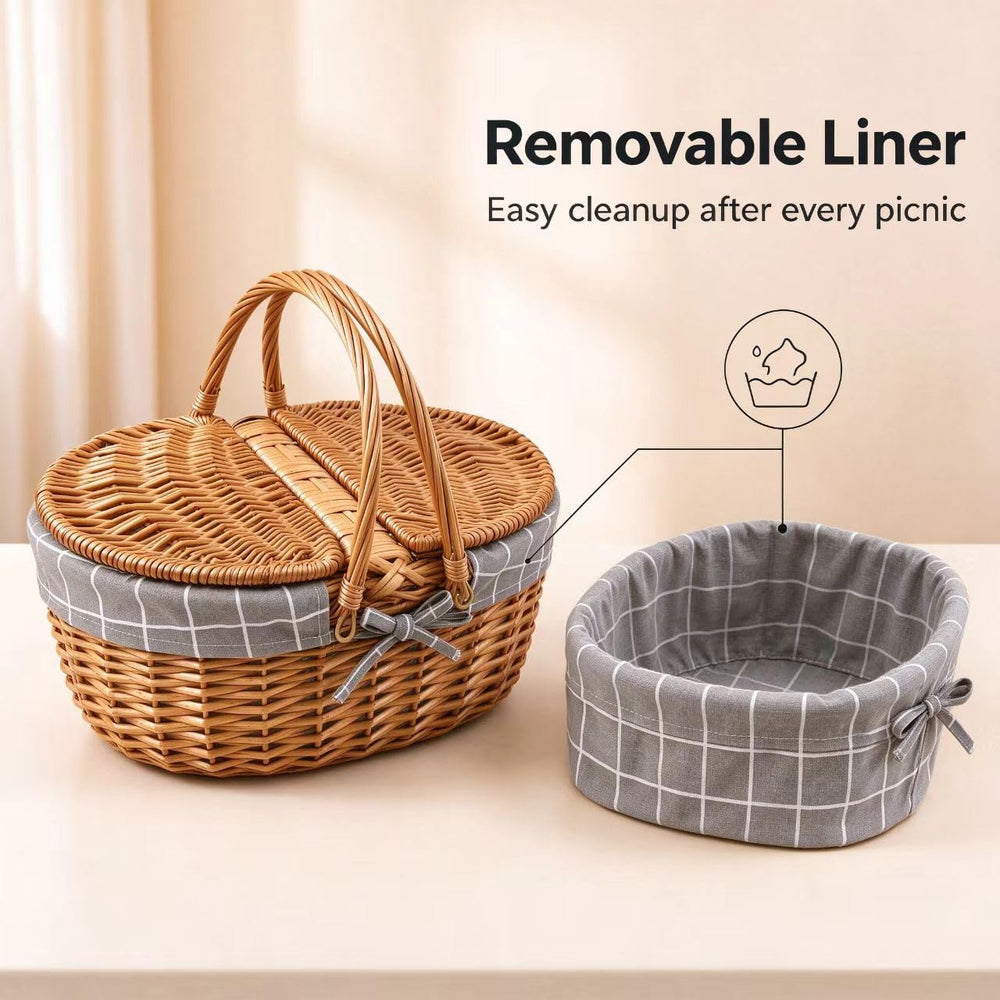 Picnic Wicker Basket with & Handles for Outdoor Camping, Grey