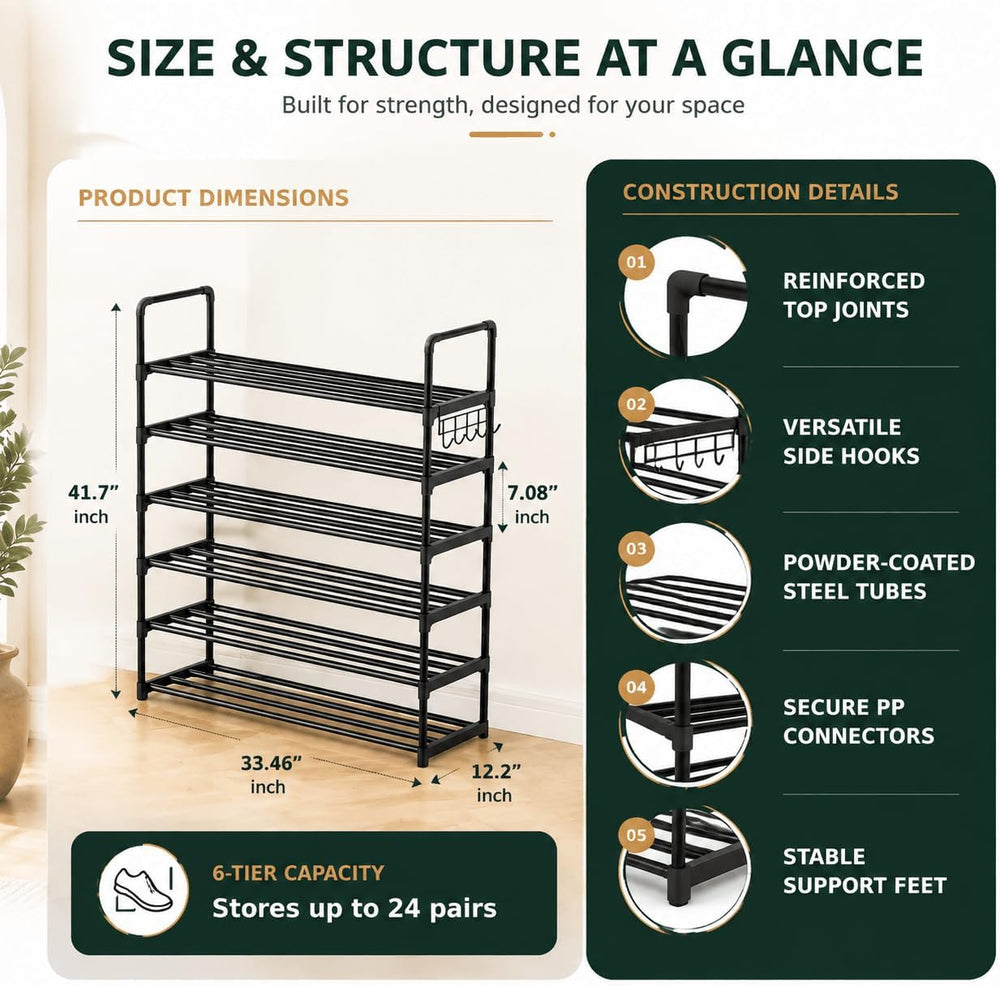 Hsscblet 6 Tiers Metal Shoe Rack,Adjustable Shoe Shelf Storage Organizer with...